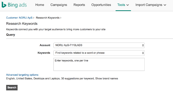 Søgeords planlægning hos Bing