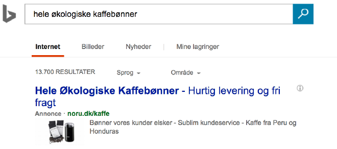 Eksempel på annonce på Bing